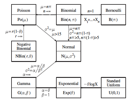 Some distributions of the exponential family and their relationship
